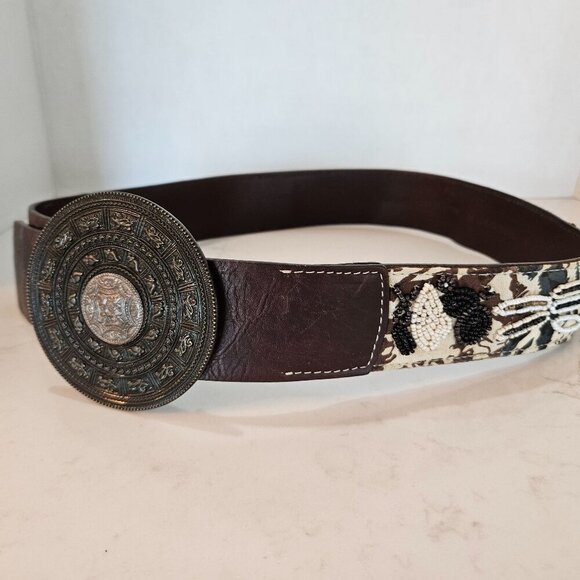 Chicos Small Genuine Leather Belt Aztec Medallion Buckle Brown Beaded - Picture 5 of 15